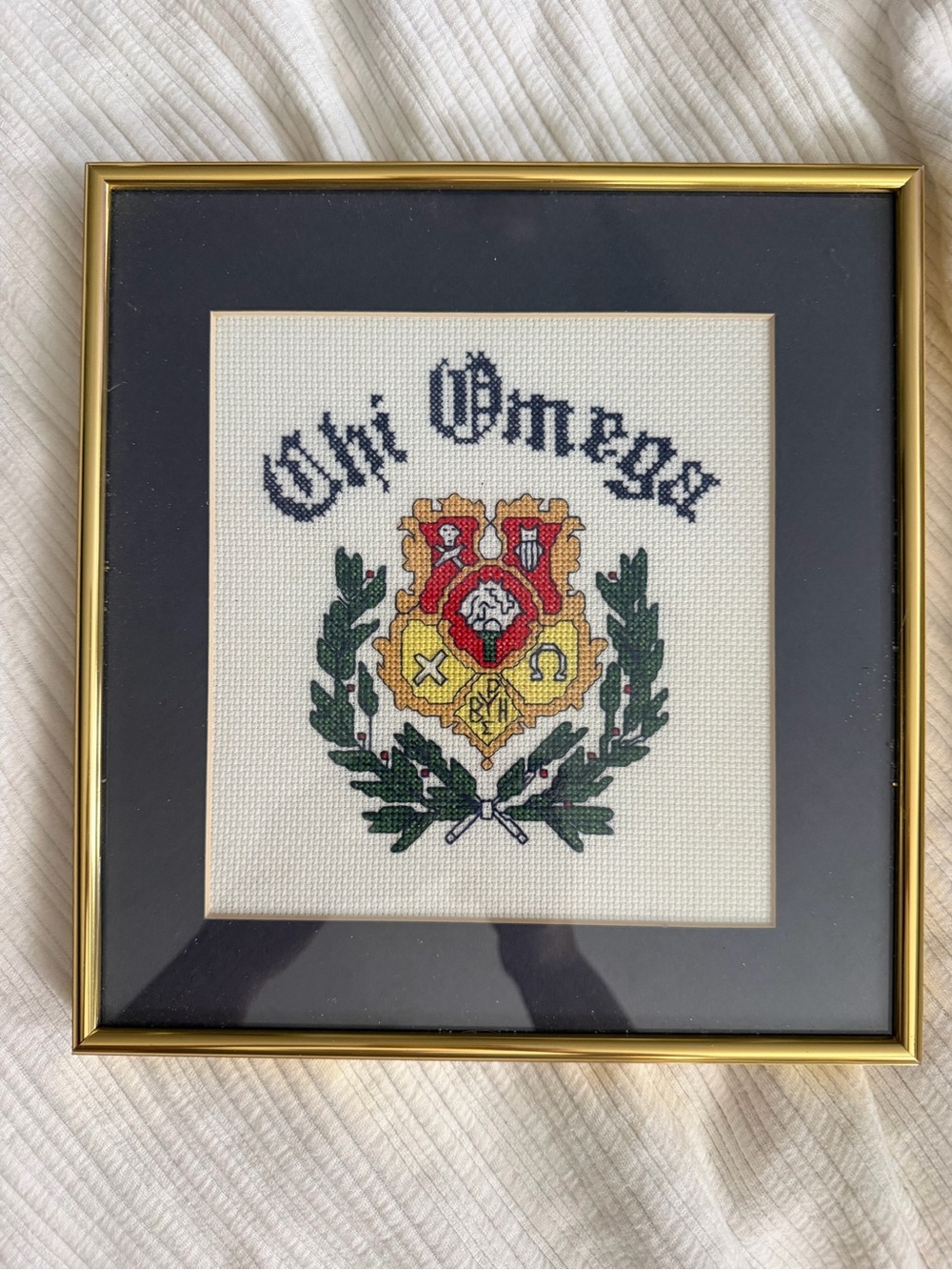 Framed Chi Omega Cross Stitch Wall Art in Gold and Black